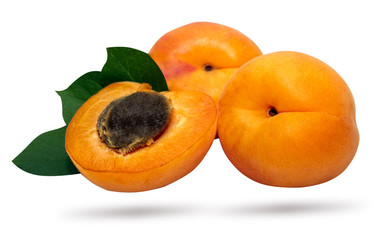 Apricots isolated.  Fresh apricot with leaves and half on a white isolated background
