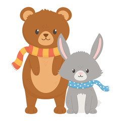 cute bear and rabbit with scarf autumn