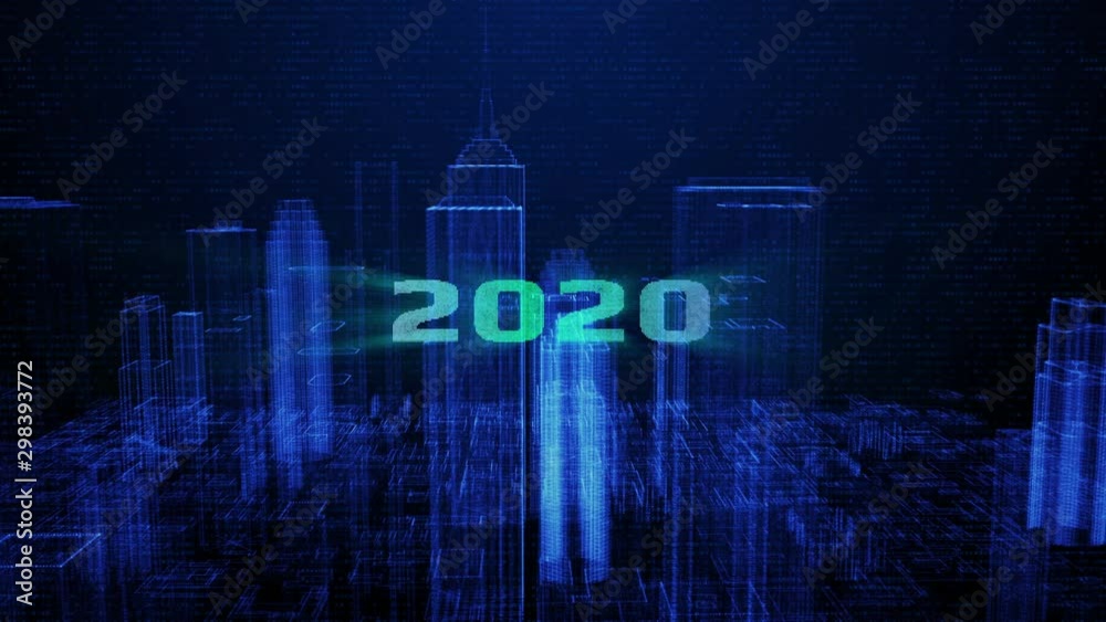 Aufkleber HUD Futuristic 2020 Celebration Digital City Town Element Analysis 4K Technology Motion Background. Wireframe Virtual Reality Structure Building Data Screen Interface Sci fi 3D Rendering.
