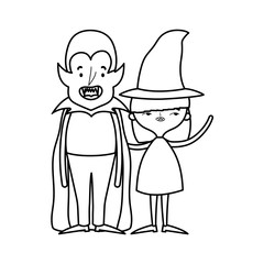 happy halloween celebration girl with hat witch and dracula boy costume line style