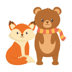 cute bear with scarf and fox autumn