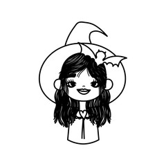 happy halloween celebration girl with hat witch bat thick line