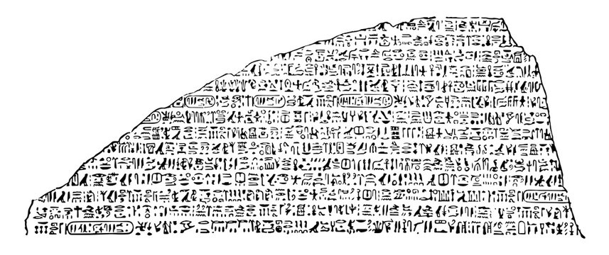 Portion of Rosetta Stone or granodiorite stele, vintage engraving.