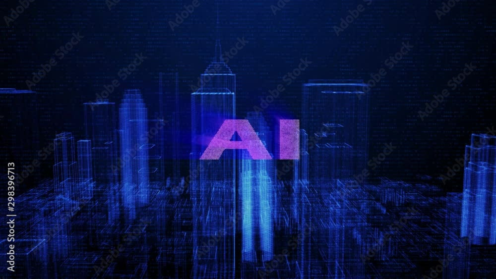 Aufkleber HUD Futuristic AI Digital City Town Element Analysis 4K Technology Motion Background. Wireframe Virtual Reality Structure Building Data Screen Interface Sci fi 3D Rendering.