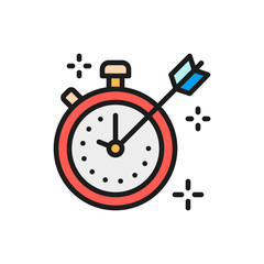 Stopwatch with marks and arrow flat color icon.