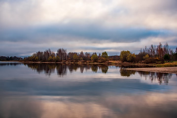 Twilight over the river and forest. Landscape of the middle plain of Russia.	
