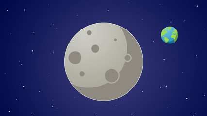 Moon in the space with the earth in the background - cartoon style illustration in flat design