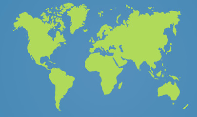 World map of the planet in a beautiful green over a blue background - minimalist illustration in flat design