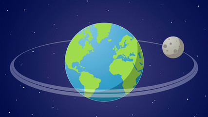Fototapeta na wymiar Planet Earth in the space with the moon in orbit around - cartoon style illustration in flat design