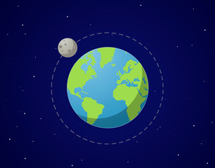 Planet Earth in the space with the moon in orbit - infographic illustration in flat design