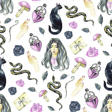 Watercolor esoteric seamless pattern. Dark fairy tale design. Halloween witch