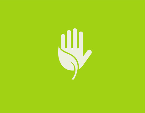 Creative logo icon sign plant leaf and hand in a circle protecting nature