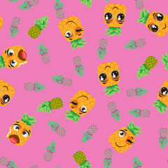 Cute seamless pattern with cartoon emoji fruits