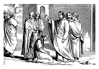 Jesus Tells a Crowd to Cast the First Stone vintage illustration.