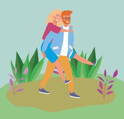 man carrying in her back woman in the field