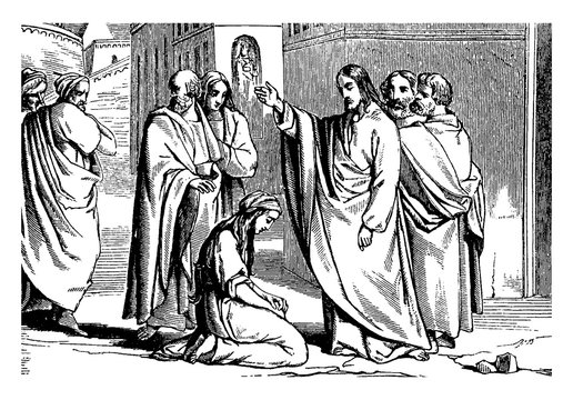 Jesus Tells a Crowd to Cast the First Stone vintage illustration.