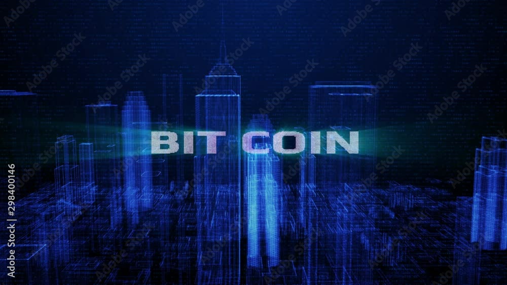 Poster HUD Futuristic Bit Coin Digital City Town Element Analysis 4K Technology Motion Background. Wireframe Virtual Reality Structure Building  Screen Interface Sci fi 3D Rendering.