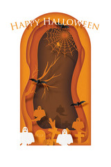Halloween scary night atmosphere in a giant grave shape with Halloween orange color tone. Card and poster of Halloween day in a layer paper cut and vector design.