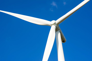  Wind turbine is alternative electrical power with blue sky, summer field, renewable energy