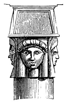 Capital in the Temple at Denderah, temple,  vintage engraving.