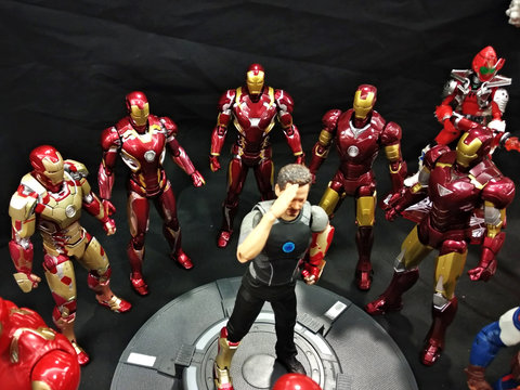 KUALA LUMPUR, MALAYSIA -MARCH 31, 2018: Selected focused of IRON MAN action figure from Marvel Iron Man comic and movie. Collector item display on the table. 