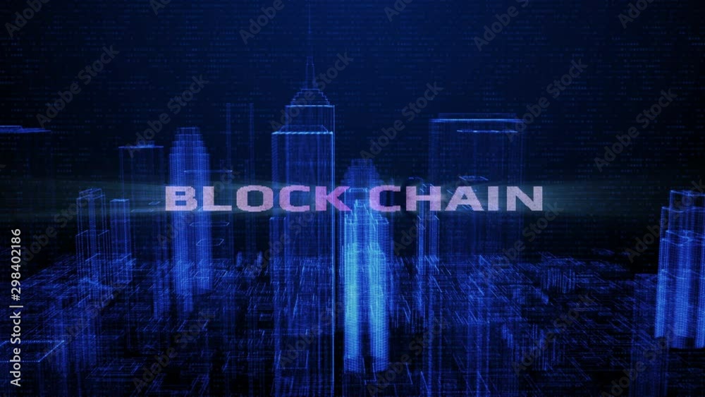 Leinwandbilder HUD Futuristic Block Chain Digital City Town Element Analysis 4K Technology Motion Background. Wireframe Virtual Reality Structure Building  Screen Interface Sci fi 3D Rendering.