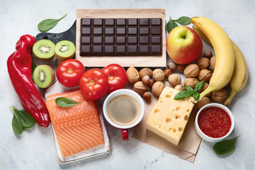 Foods for good mood, brain and happiness. Natural sources of serotonin and dopamine.