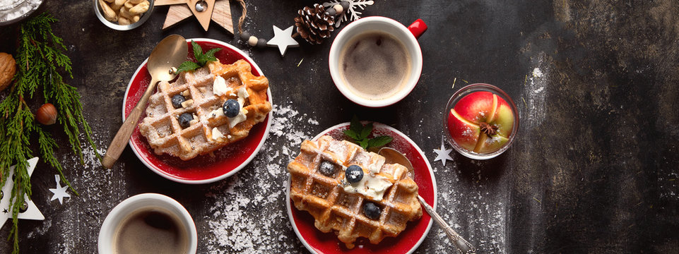 Christmas breakfast with waffles.
