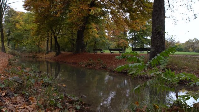 Flowing water at the isar river in the Englischer Garten of Munich in autumn.