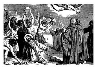 Stephen Stoned to Death as He Looks up to Heaven vintage illustration.