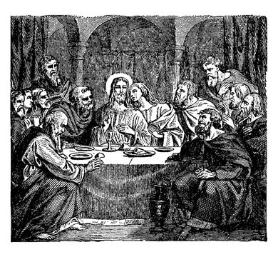 Communion of the Apostles with Jesus at the Last Supper vintage illustration.