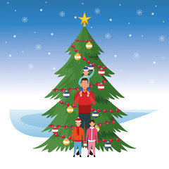 christmas tree and man with kids, Merry christmas design