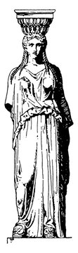 Greek Caryatid,  a female figure, vintage engraving.