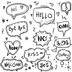 Hand drawn set of speech bubbles with dialog words: Hello, Love, Bye, Hi, welcome doodle style cartoon