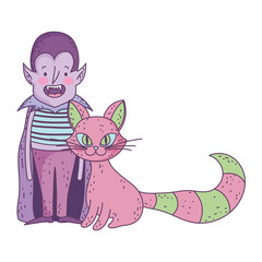 happy halloween celebration boy dracula and pink cat