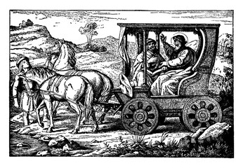 Philip Speaks with an Ethiopian Eunuch in His Chariot vintage illustration.