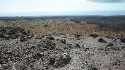 view from rim of inactive volcano crater , molten lava rocks, greenery, blue sky landscape