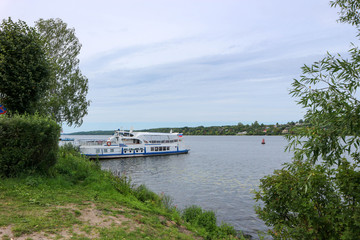 Fototapeta na wymiar view to Volga river and torist pleasure boat, Russia