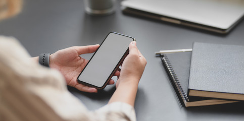 Close-up view of young professional businesswoman holding blank screen smartphone