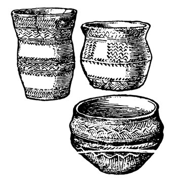 Bronze Age Pottery is a Not drawn to scale, vintage engraving.