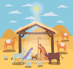 cute holy family in stable with animals manger characters