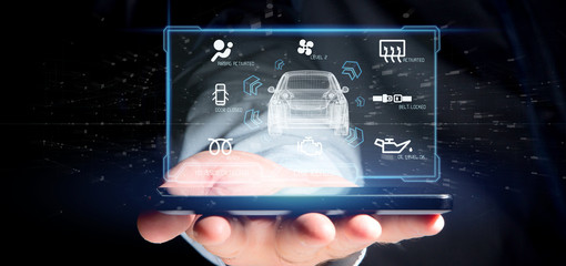 Man holding a Dashboard smartcar interface dashboard 3d rendering