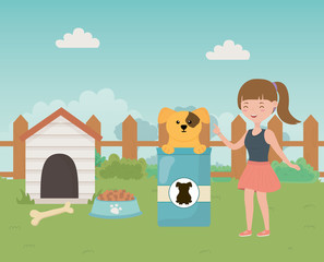 happy girl with dog food house and bone pet care