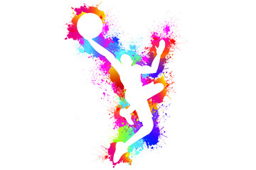 Fototapeta na wymiar Sports. Basketball logo design, Colorful paint drops ink splashes, Goal, Icon, Exercise, Symbol, Silhouette, Vector illustration.