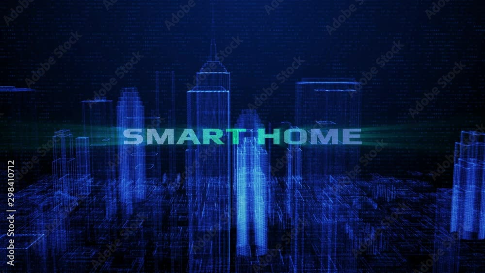 Poster HUD Futuristic Smart Home Digital City Town Element Analysis 4K Technology Motion Background. Wireframe Virtual Reality Structure Building Screen Interface Sci fi 3D Rendering.