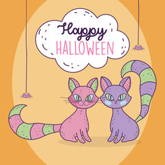 Obraz na płótnie Canvas happy halloween celebration cats and hanging spiders