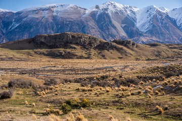 Scenic view of mount Sunday, New Zealand. Mount Sunday is one of the shooting place for Lord of the...