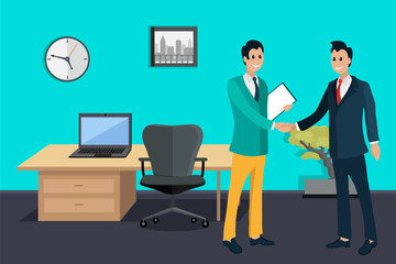Obraz premium Men workers shaking hands, workers collaboration in office. Workplace decorated by laptop on table and clock, time is money, financial corporate. Vector illustration in flat cartoon style