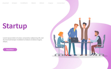 Startup new solution for business of company vector. Man with creative idea, people at conference, brainstorming workers sit by table in office. Website or webpage template, landing page flat style