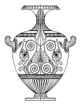 Greek Hydria is used as a water-pot to carry water with from springs, vintage engraving.